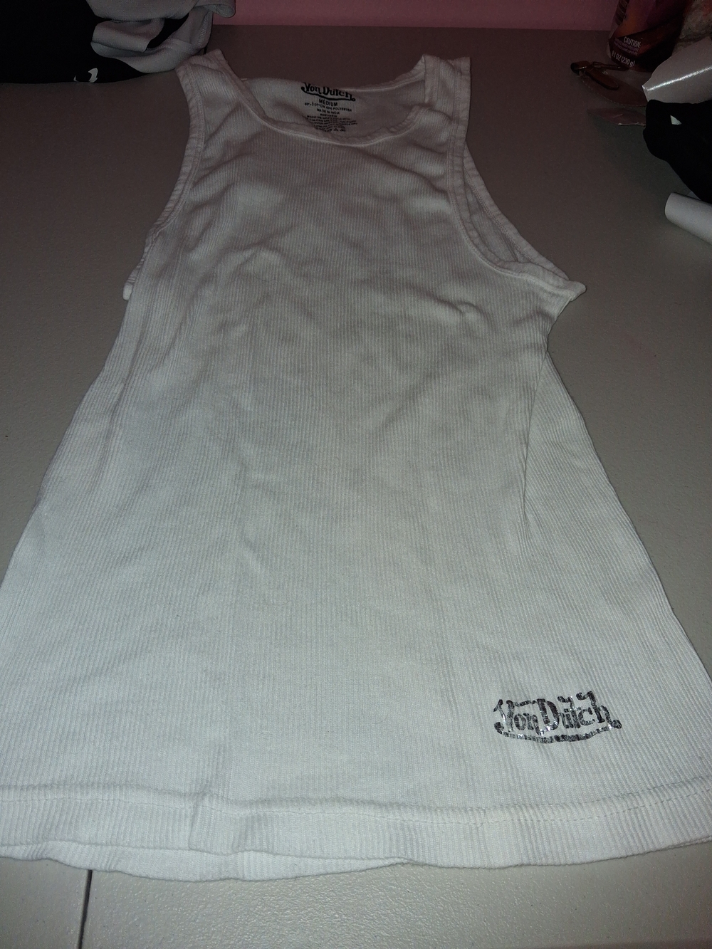 Von Dutch White Ribbed Sleeveless Tank with Logo Hem